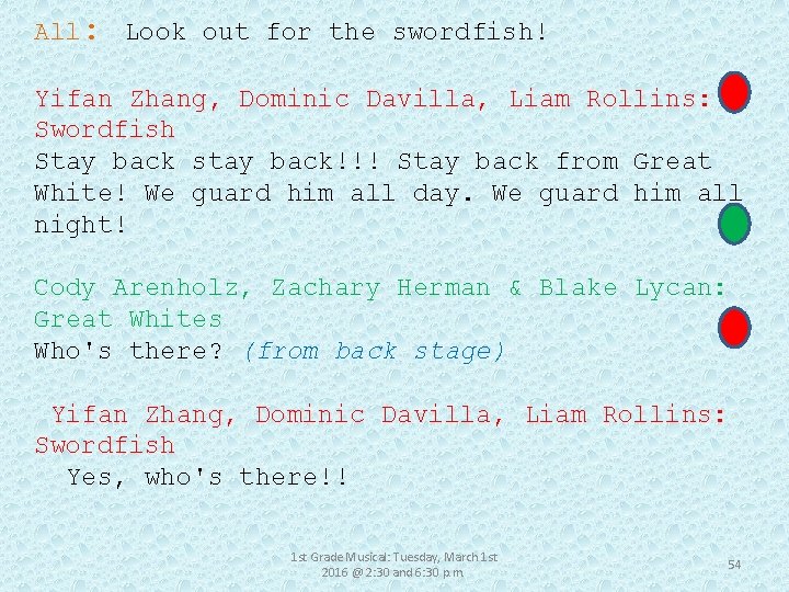 All: Look out for the swordfish! Yifan Zhang, Dominic Davilla, Liam Rollins: Swordfish Stay