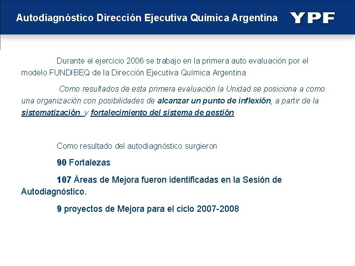 Autodiagnóstico Dirección Ejecutiva Química Argentina Durante el ejercicio 2006 se trabajo en la primera