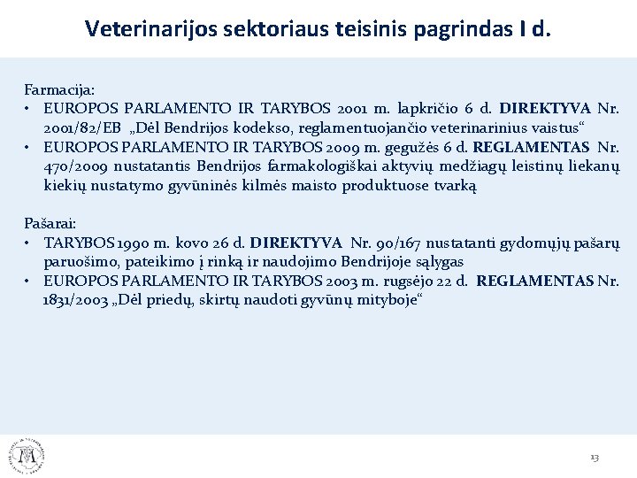 Veterinarijos sektoriaus teisinis pagrindas I d. Farmacija: • EUROPOS PARLAMENTO IR TARYBOS 2001 m. Veterinarijos sektoriaus teisinis pagrindas I d. Farmacija: • EUROPOS PARLAMENTO IR TARYBOS 2001 m.