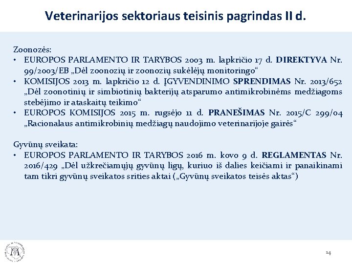 Veterinarijos sektoriaus teisinis pagrindas II d. Zoonozės: • EUROPOS PARLAMENTO IR TARYBOS 2003 m.