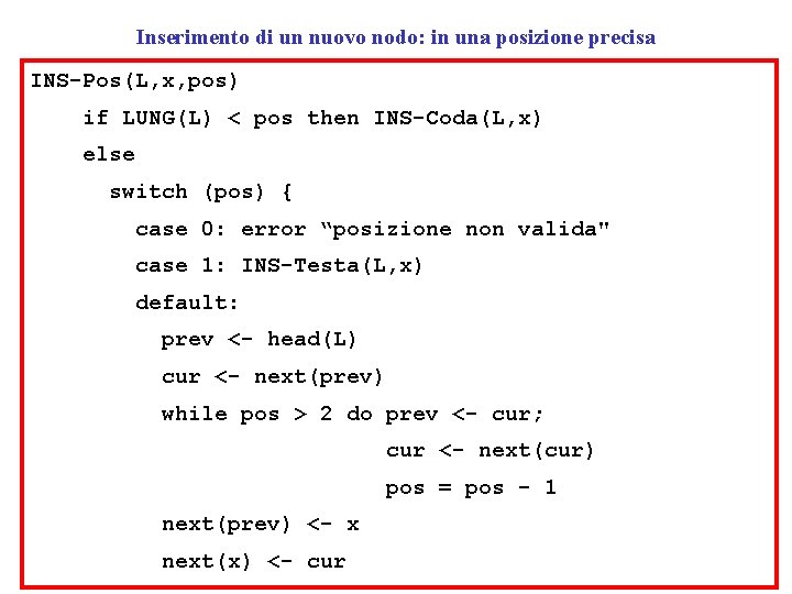 Inserimento di un nuovo nodo: in una posizione precisa INS-Pos(L, x, pos) if LUNG(L)