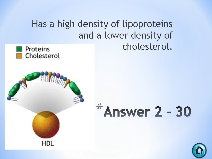 Has a high density of lipoproteins and a lower density of cholesterol. * 