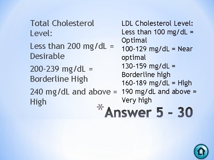 Total Cholesterol Level: LDL Cholesterol Level: Less than 100 mg/d. L = Optimal Less