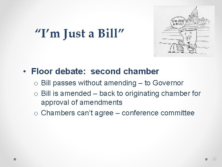 “I’m Just a Bill” • Floor debate: second chamber o Bill passes without amending