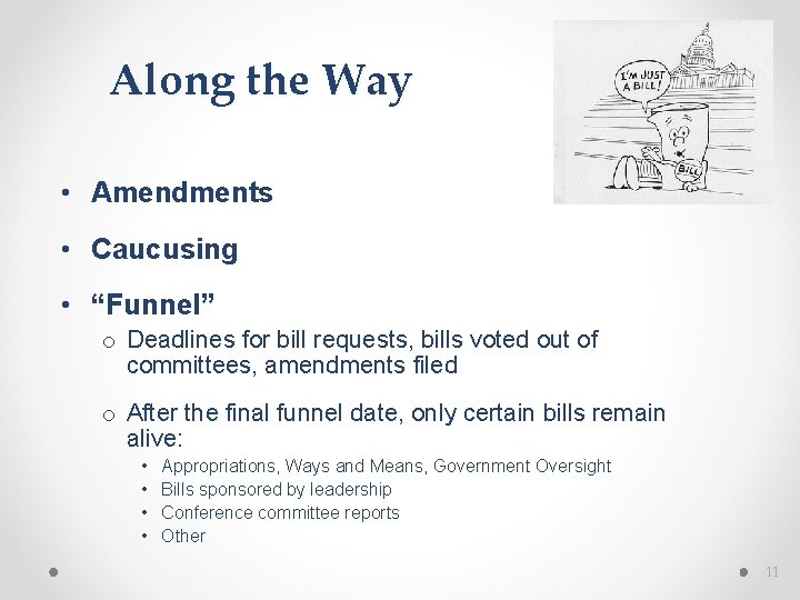 Along the Way • Amendments • Caucusing • “Funnel” o Deadlines for bill requests,