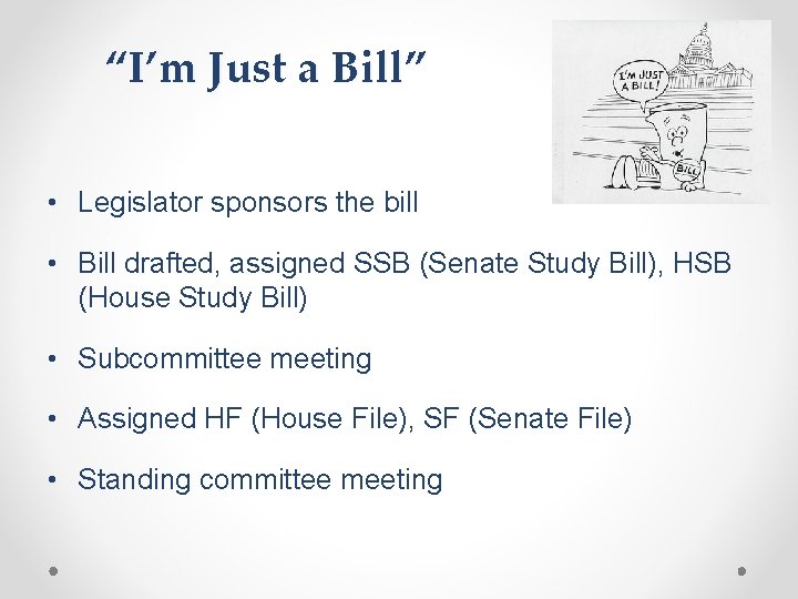 “I’m Just a Bill” • Legislator sponsors the bill • Bill drafted, assigned SSB