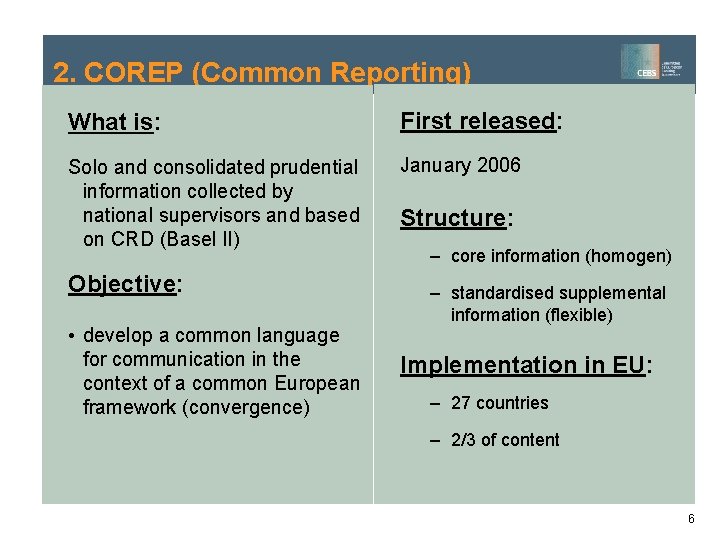 2. COREP (Common Reporting) What is: First released: Solo and consolidated prudential information collected 2. COREP (Common Reporting) What is: First released: Solo and consolidated prudential information collected