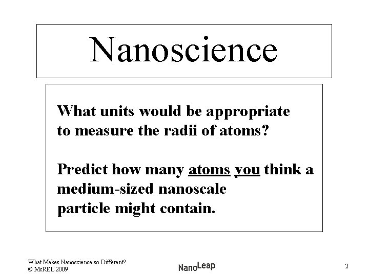 Nanoscience What units would be appropriate to measure the radii of atoms? Predict how