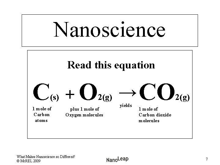Nanoscience Read this equation C (s) 1 mole of Carbon atoms + O 2(g)