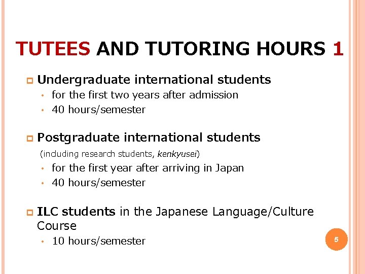 TUTEES AND TUTORING HOURS 1 p Undergraduate international students for the first two years