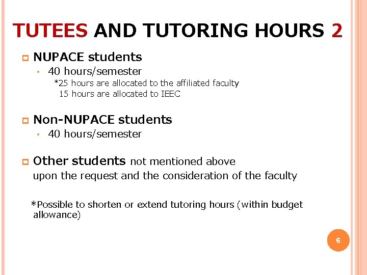 TUTEES AND TUTORING HOURS 2 p NUPACE students • 40 hours/semester *25 hours are
