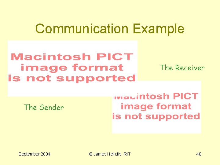 Communication Example The Receiver The Sender September 2004 © James Heliotis, RIT 48 