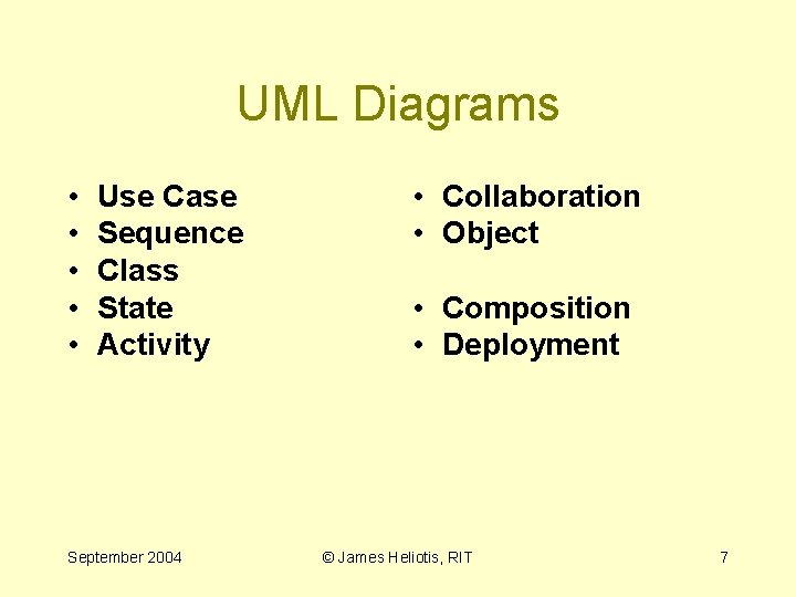 UML Diagrams • • • Use Case Sequence Class State Activity September 2004 •