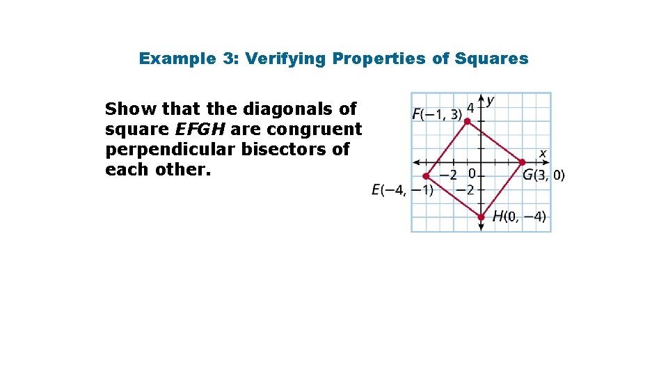 Example 3: Verifying Properties of Squares Show that the diagonals of square EFGH are