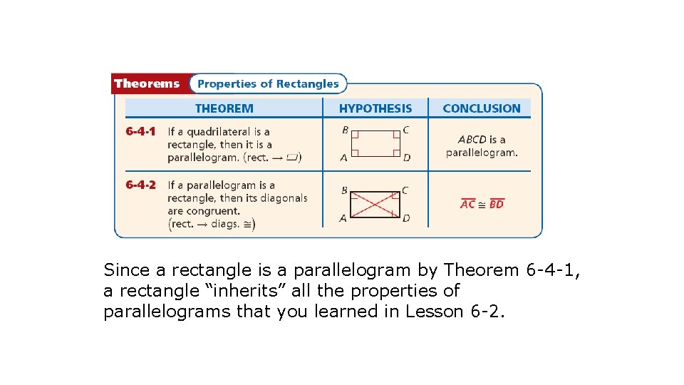 Since a rectangle is a parallelogram by Theorem 6 -4 -1, a rectangle “inherits”