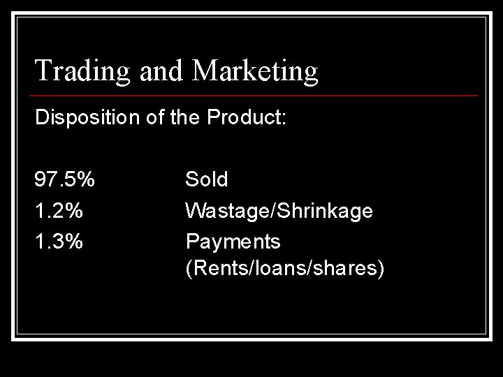 Trading and Marketing Disposition of the Product: 97. 5% 1. 2% 1. 3% Sold