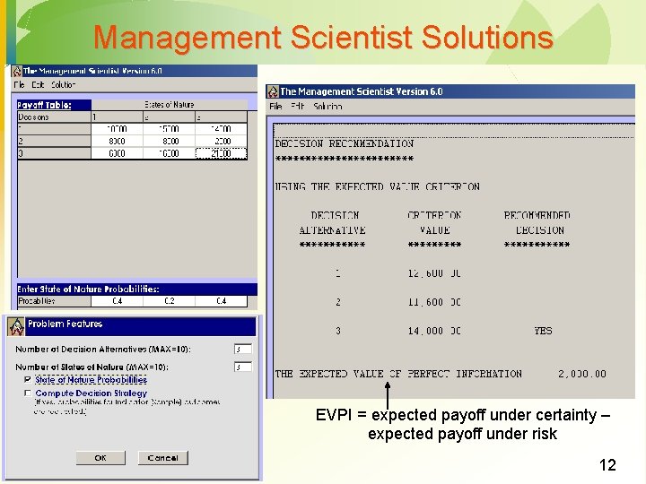 Management Scientist Solutions EVPI = expected payoff under certainty – expected payoff under risk Management Scientist Solutions EVPI = expected payoff under certainty – expected payoff under risk