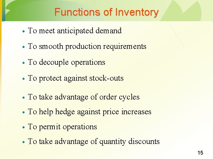 Functions of Inventory · To meet anticipated demand · To smooth production requirements · Functions of Inventory · To meet anticipated demand · To smooth production requirements ·