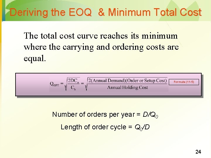 Deriving the EOQ & Minimum Total Cost The total cost curve reaches its minimum Deriving the EOQ & Minimum Total Cost The total cost curve reaches its minimum
