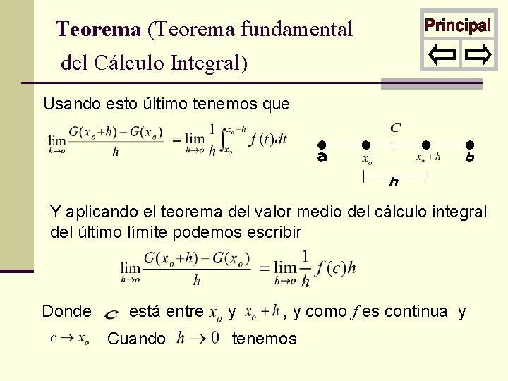 Teorema (Teorema fundamental del Cálculo Integral) Usando esto último tenemos que Y aplicando el