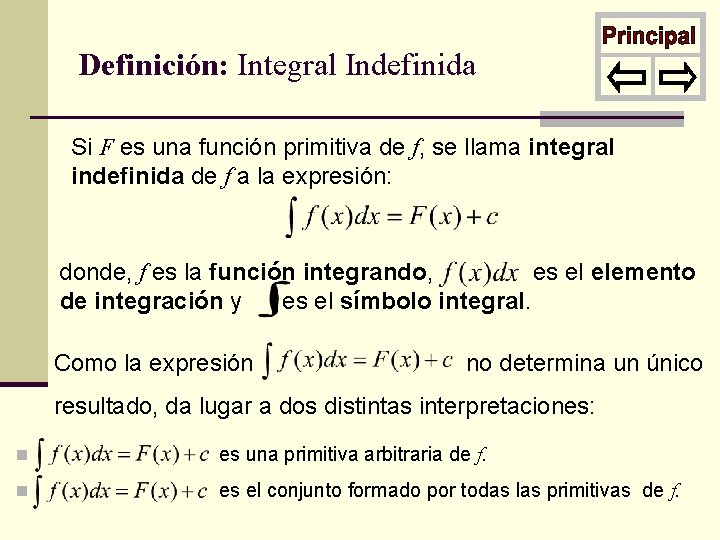 Definición: Integral Indefinida Si F es una función primitiva de f, se llama integral