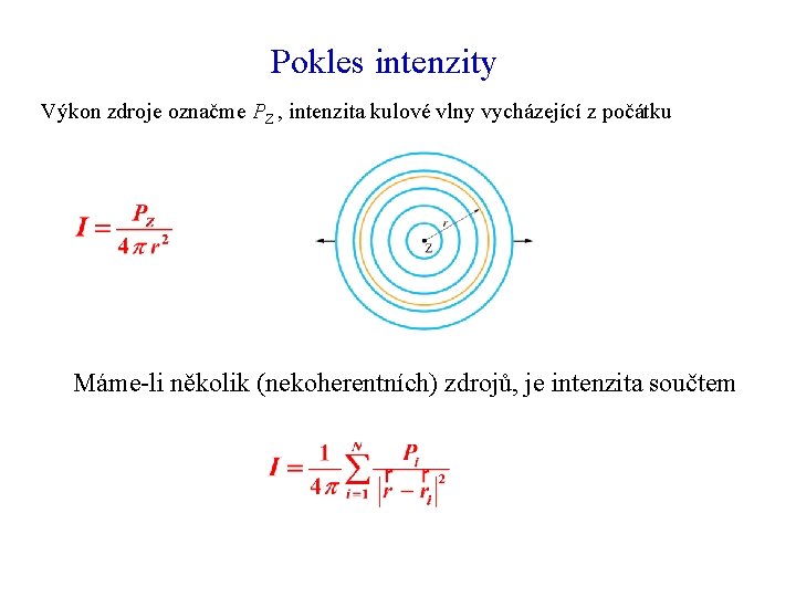 Pokles intenzity Výkon zdroje označme PZ , intenzita kulové vlny vycházející z počátku Máme-li Pokles intenzity Výkon zdroje označme PZ , intenzita kulové vlny vycházející z počátku Máme-li