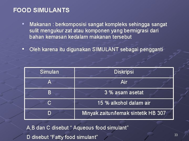 FOOD SIMULANTS • Makanan : berkomposisi sangat kompleks sehingga sangat sulit mengukur zat atau