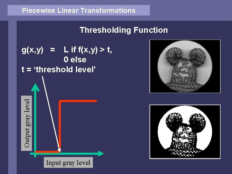 Piecewise Linear Transformations Thresholding Function L if f(x, y) > t, 0 else t Piecewise Linear Transformations Thresholding Function L if f(x, y) > t, 0 else t