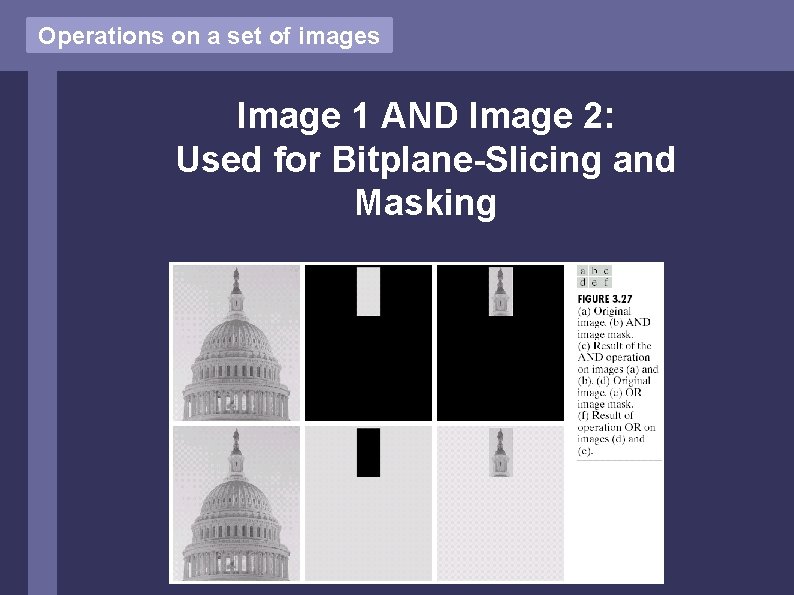 Operations on a set of images Image 1 AND Image 2: Used for Bitplane-Slicing Operations on a set of images Image 1 AND Image 2: Used for Bitplane-Slicing
