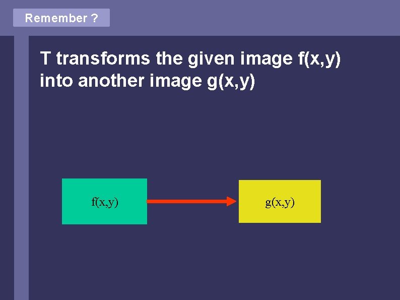 Remember ? T transforms the given image f(x, y) into another image g(x, y) Remember ? T transforms the given image f(x, y) into another image g(x, y)