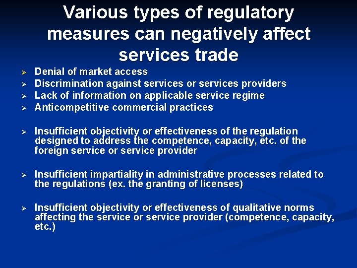 Various types of regulatory measures can negatively affect services trade Ø Ø Denial of