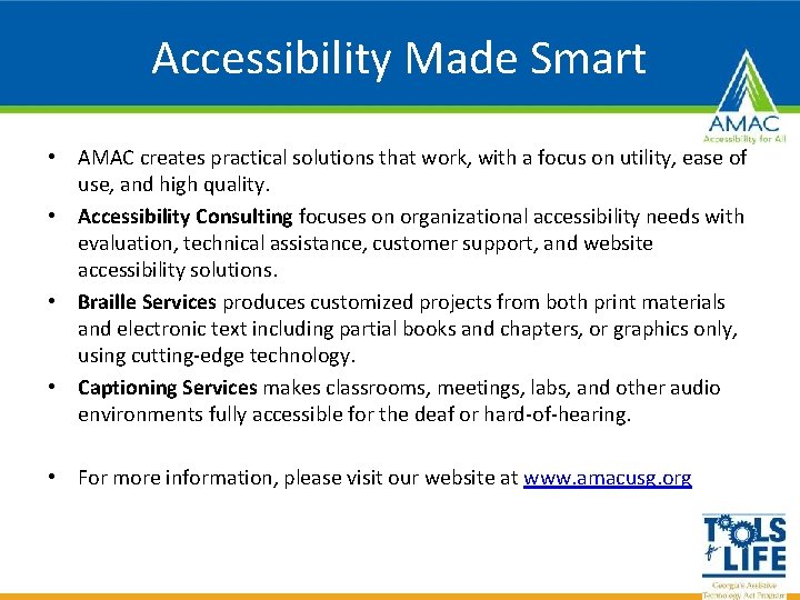 Accessibility Made Smart • AMAC creates practical solutions that work, with a focus on