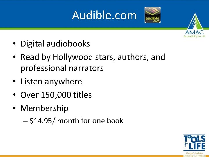 Audible. com • Digital audiobooks • Read by Hollywood stars, authors, and professional narrators