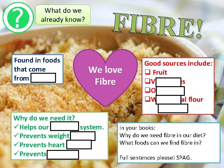 What do we already know? Found in foods that come from plants. FIBRE! We