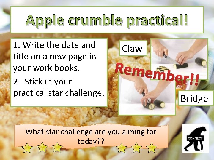 Apple crumble practical! 1. Write the date and title on a new page in