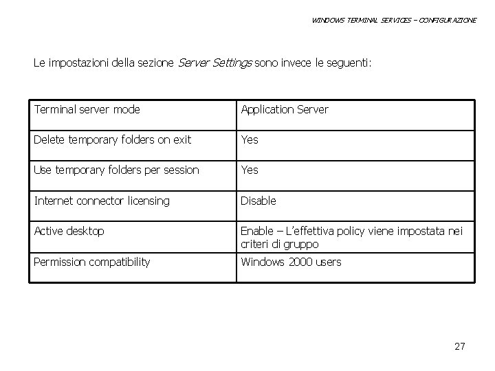 WINDOWS TERMINAL SERVICES – CONFIGURAZIONE Le impostazioni della sezione Server Settings sono invece le