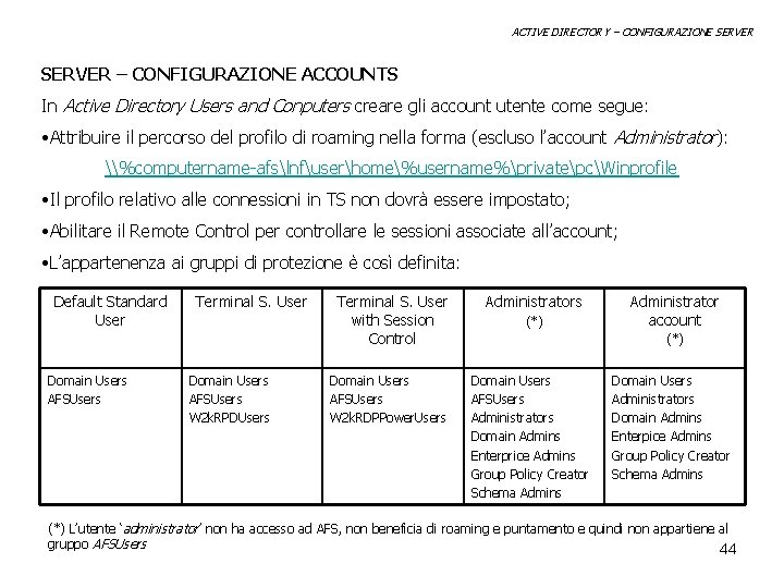 ACTIVE DIRECTORY – CONFIGURAZIONE SERVER – CONFIGURAZIONE ACCOUNTS In Active Directory Users and Conputers