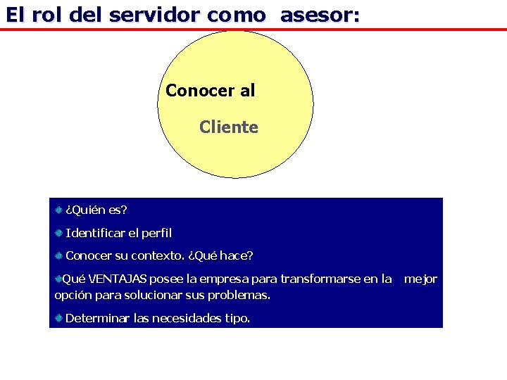 El rol del servidor como asesor: Conocer al Cliente ¿Quién es? Identificar el perfil