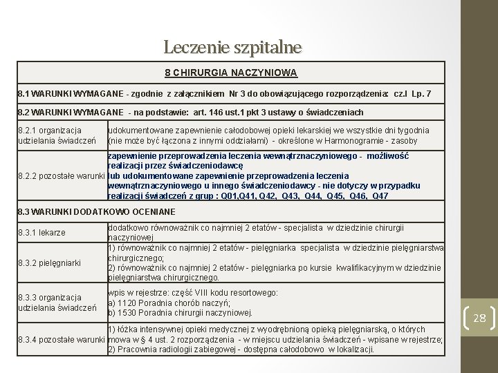 Leczenie szpitalne 8 CHIRURGIA NACZYNIOWA 8. 1 WARUNKI WYMAGANE - zgodnie z załącznikiem Nr