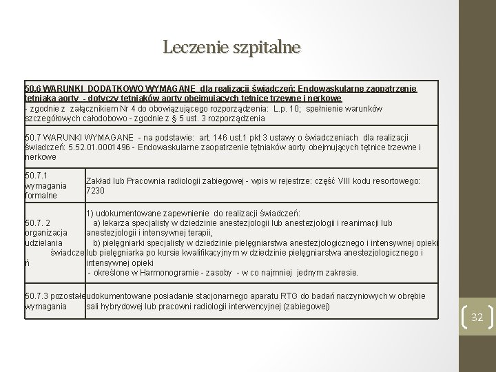 Leczenie szpitalne 50. 6 WARUNKI DODATKOWO WYMAGANE dla realizacji świadczeń: Endowaskularne zaopatrzenie tętniaka aorty