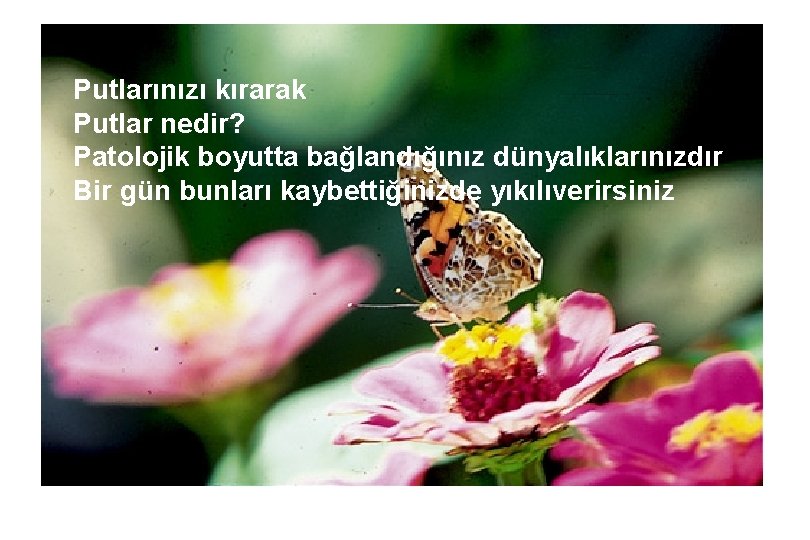 Putlarınızı kırarak Putlar nedir? Patolojik boyutta bağlandığınız dünyalıklarınızdır Bir gün bunları kaybettiğinizde yıkılıverirsiniz 