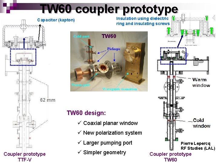 TW 60 coupler prototype Insulation using dielectric ring and insulating screws Capacitor (kapton) TW