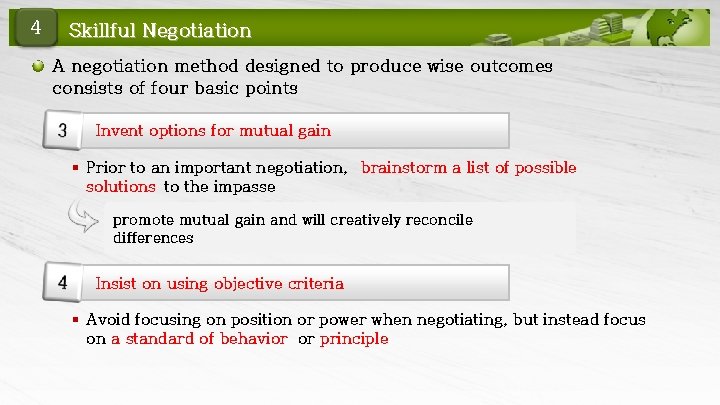 4 Skillful Negotiation A negotiation method designed to produce wise outcomes consists of four