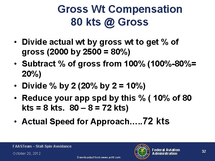 Gross Wt Compensation 80 kts @ Gross • Divide actual wt by gross wt Gross Wt Compensation 80 kts @ Gross • Divide actual wt by gross wt