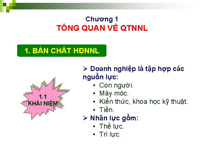 Chương 1 TỔNG QUAN VỀ QTNNL 1. BẢN CHẤT HĐNNL 1. 1 KHÁI NIỆM