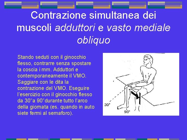 Contrazione simultanea dei muscoli adduttori e vasto mediale obliquo Stando seduti con il ginocchio