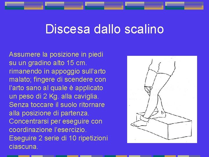 Discesa dallo scalino Assumere la posizione in piedi su un gradino alto 15 cm.