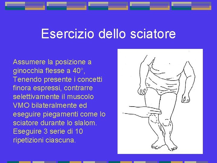 Esercizio dello sciatore Assumere la posizione a ginocchia flesse a 40°, Tenendo presente i