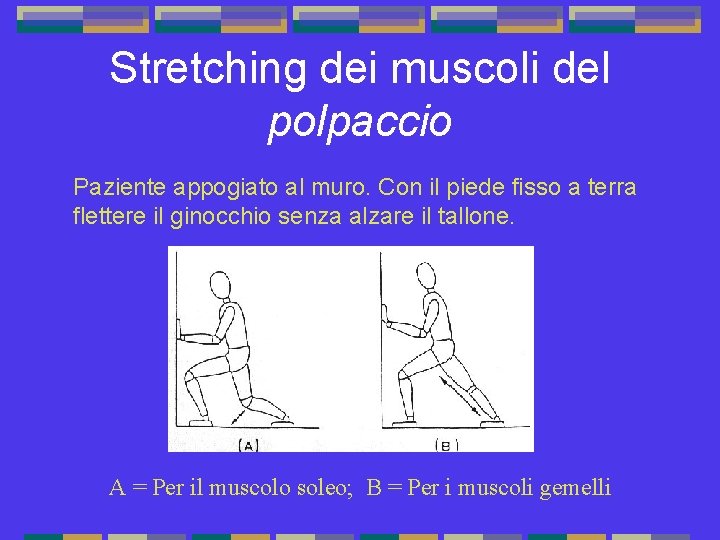 Stretching dei muscoli del polpaccio Paziente appogiato al muro. Con il piede fisso a