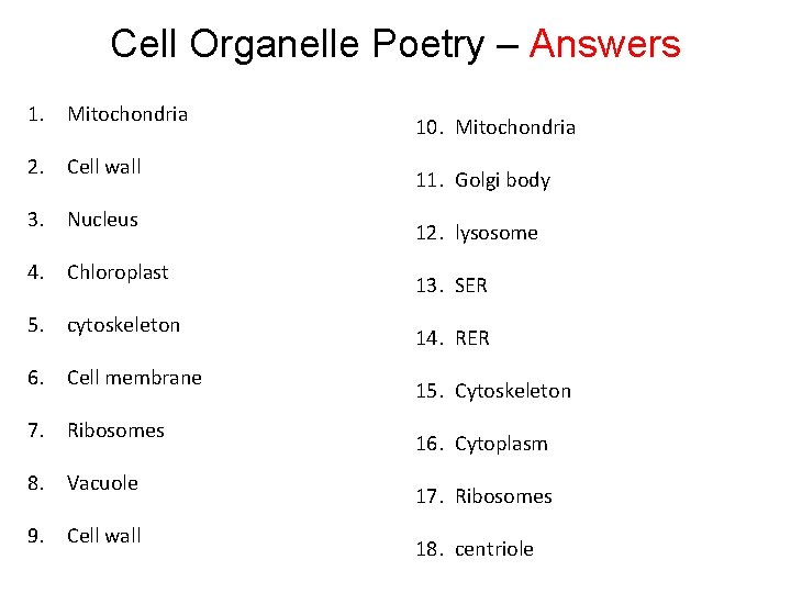 Cell Organelle Poetry – Answers 1. Mitochondria 2. Cell wall 3. Nucleus 4. Chloroplast